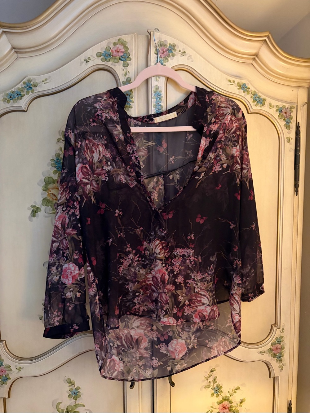 Sheer Floral V-Neck Blouse - Dark Floral